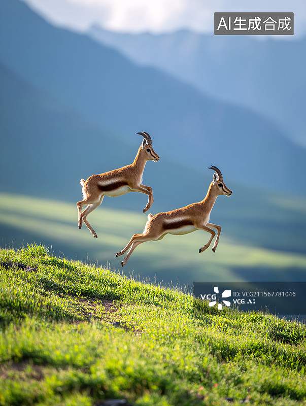 【AI数字艺术】草原山坡上的藏羚羊图片素材