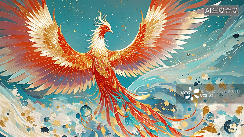 【AI数字艺术】金箔岩彩古风写意水墨油画风格精美凤凰图片素材