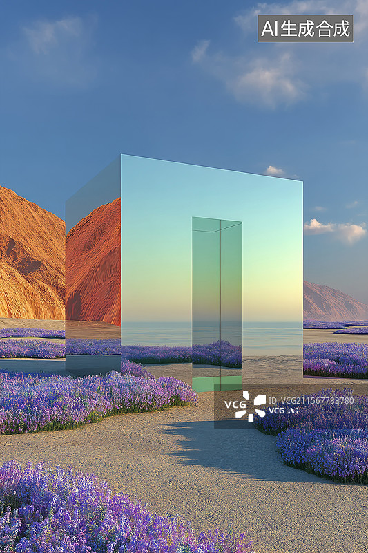 【AI数字艺术】沙漠景观中的反射立方体图片素材