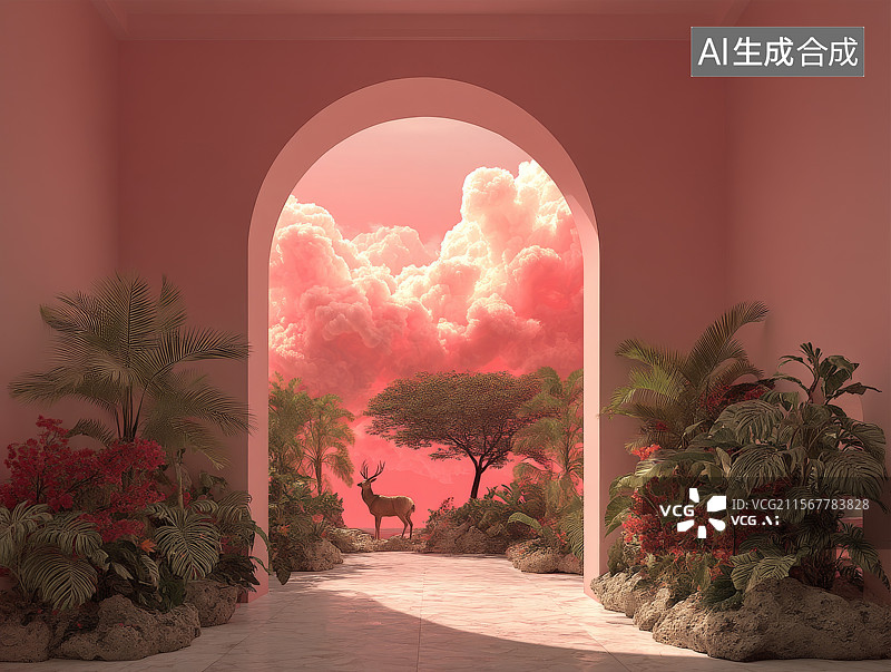【AI数字艺术】粉红拱门通往梦幻天堂图片素材