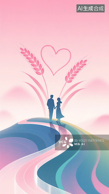 【AI数字艺术】小满节气遇上521网络情人节 新国风弥散渐变彩色剪影简约插画 小麦颗粒爱心形状年轻情侣手牵手站在山丘图片素材