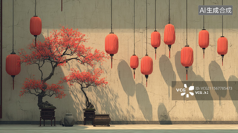 【AI数字艺术】中式灯笼与盆景图片素材