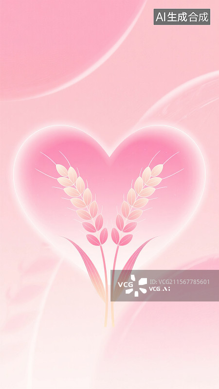 【AI数字艺术】小满节气遇上521网络情人节 新国风弥散渐变粉红色彩色发光光晕小麦颗粒爱心形状 剪影简约海报模板插画图片素材