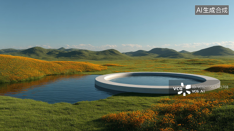 【AI数字艺术】田野中的圆形池塘图片素材