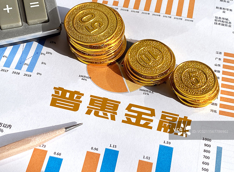 金融文件上的硬币和计算器特写镜头 普惠金融图片素材