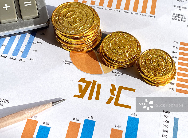 金融文件上的硬币和计算器特写镜头 外汇图片素材