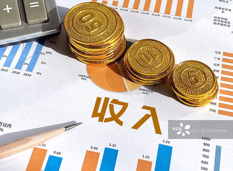 金融文件上的硬币和计算器特写镜头 收入图片素材