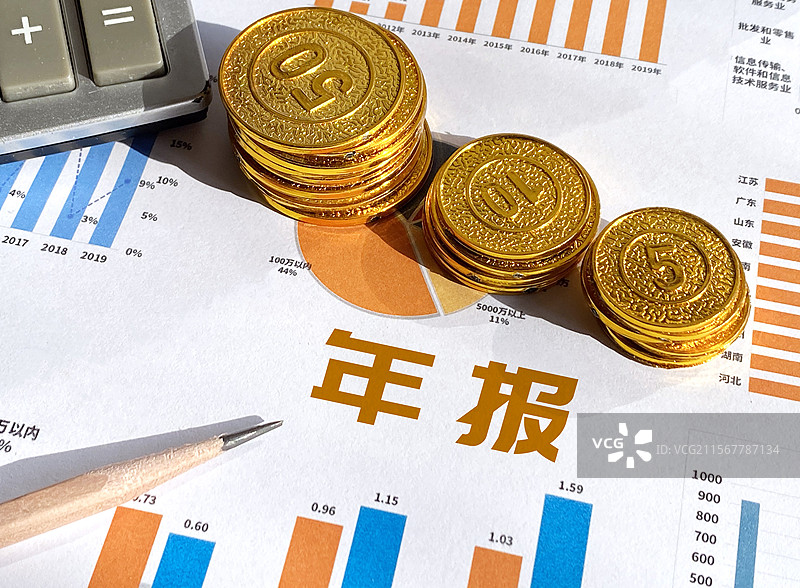 金融文件上的硬币和计算器特写镜头 年报 年度报告图片素材