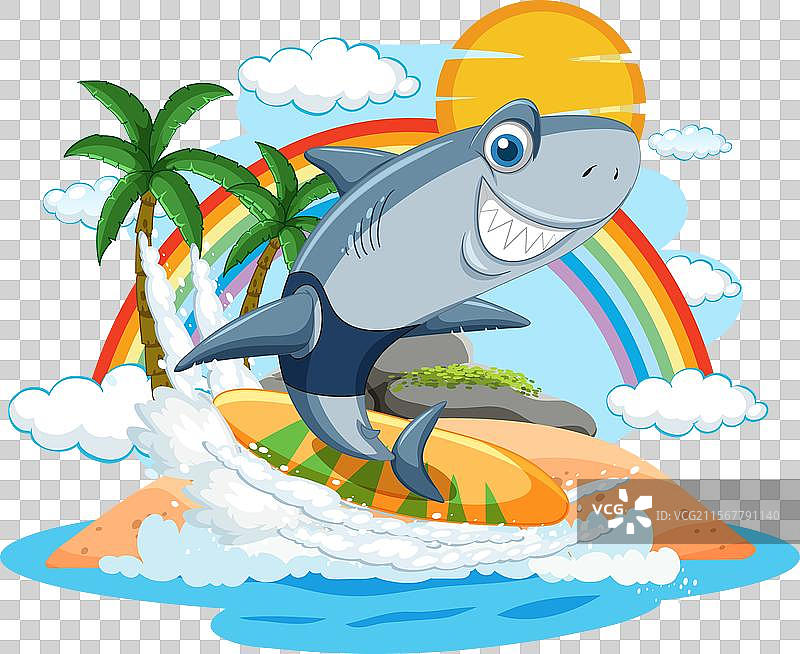 一只鲨鱼在阳光明媚的岛屿上冲浪图片素材