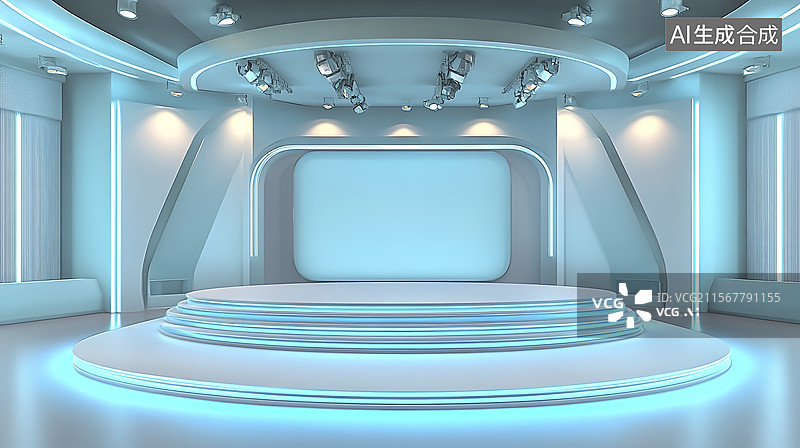 【AI数字艺术】现代蓝色演播室场景设计图片素材