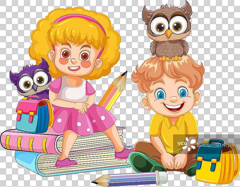 孩子们与书本、铅笔和猫头鹰在一起图片素材