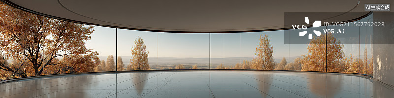 【AI数字艺术】汽车广告背景现代展厅建筑外立面现代主义圆形房间俯瞰秋季森林全景汽车展厅和自驾游自然风光抽象节气商业图片素材