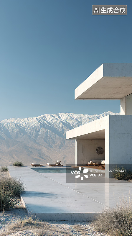 【AI数字艺术】汽车广告背景现代白色展厅建筑别墅外立面混凝土度假胜地玻璃立方体俯瞰群山图片素材