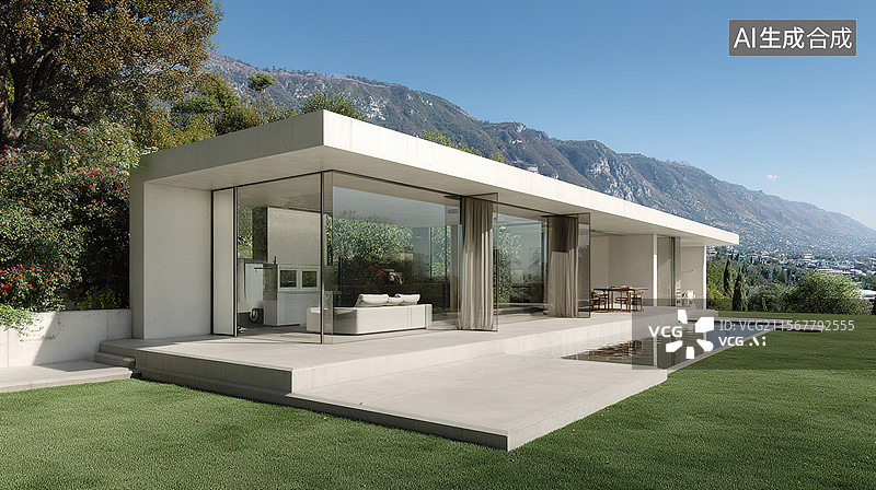 【AI数字艺术】汽车广告背景现代白色展厅建筑别墅外立面混凝土度假胜地玻璃立方体俯瞰群山图片素材