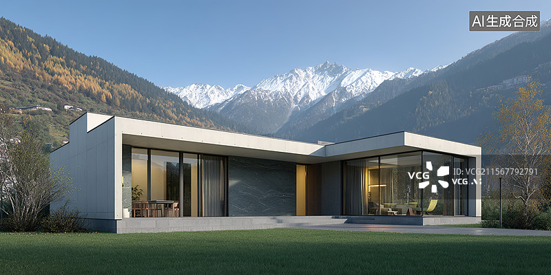【AI数字艺术】汽车广告背景现代白色展厅建筑别墅外立面混凝土度假胜地玻璃立方体俯瞰群山图片素材