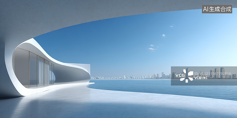【AI数字艺术】汽车广告背景时尚混凝土现代展厅白色建筑外立面海景停车场度假旅游胜地超现实商业城市图片素材