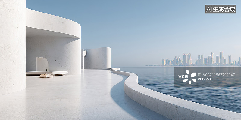 【AI数字艺术】汽车广告背景时尚混凝土现代展厅白色建筑外立面海景停车场度假旅游胜地超现实商业城市图片素材