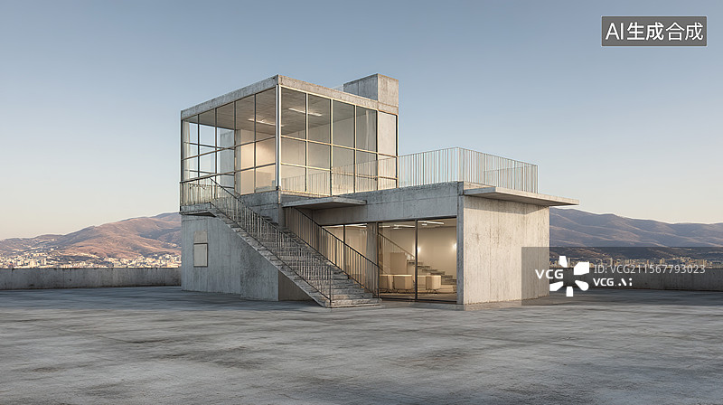 【AI数字艺术】汽车广告背景现代展厅建筑外立面玻璃混凝土空旷露台俯瞰群山美景楼梯电影感豪华酒店广告和旅游推广图片素材