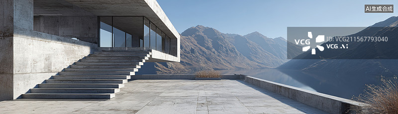 【AI数字艺术】汽车广告背景现代展厅建筑外立面玻璃混凝土空旷露台俯瞰群山美景楼梯电影感豪华酒店广告和旅游推广图片素材
