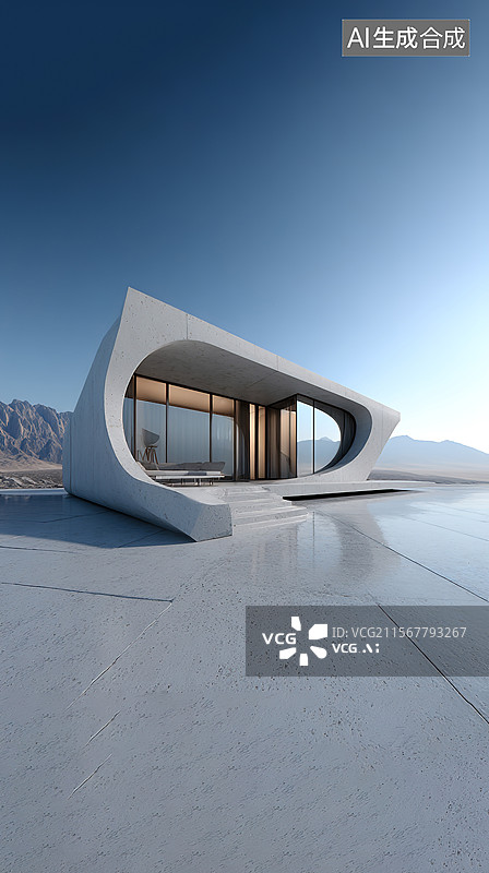 【AI数字艺术】汽车广告背景现代展厅时尚灰色建筑外立面弧形混凝土外立面配平屋顶博物馆户外停车场大空地图片素材