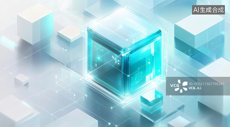 【AI数字艺术】发光的透明立方体图片素材