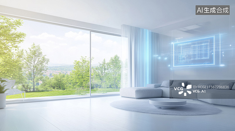 【AI数字艺术】未来智慧家庭智能家居客厅样板间图片素材