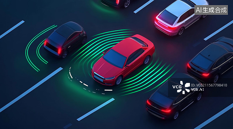 【AI数字艺术】自动驾驶汽车在城市道路上的传感器检测图片素材