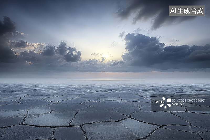 【AI数字艺术】干裂地面与阴云密布的天空图片素材