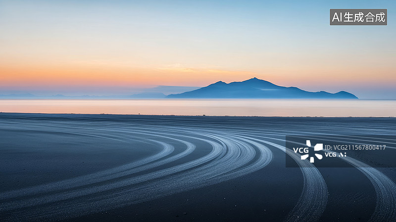 【AI数字艺术】日出时的海滩与远处山脉图片素材