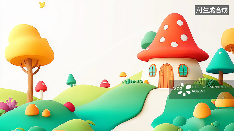 【AI数字艺术】卡通蘑菇屋与树木的梦幻景观图片素材