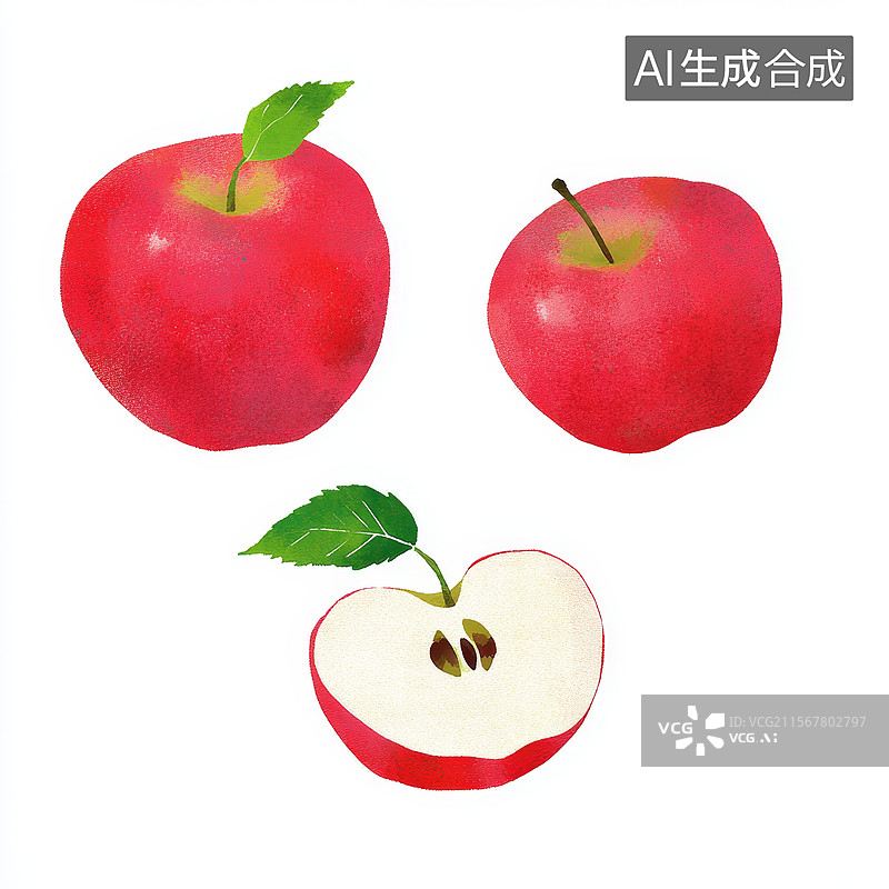 【AI数字艺术】三个红苹果的插画，其中一个被切开图片素材