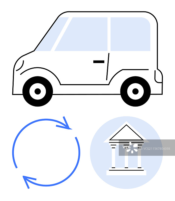紧凑型汽车回收箭头与银行外立面图片素材