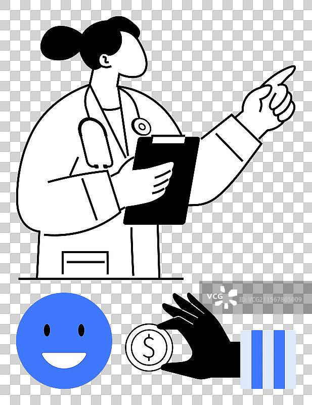 手持夹板的医疗专业人士指着前方图片素材