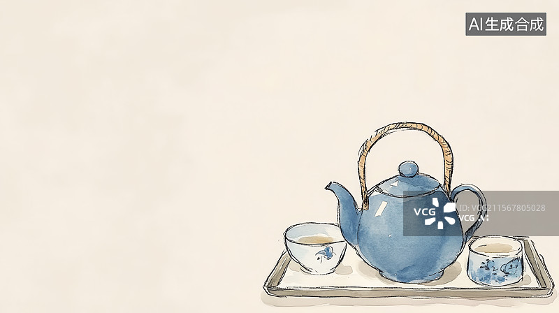 【AI数字艺术】蓝色茶壶和茶杯套装图片素材