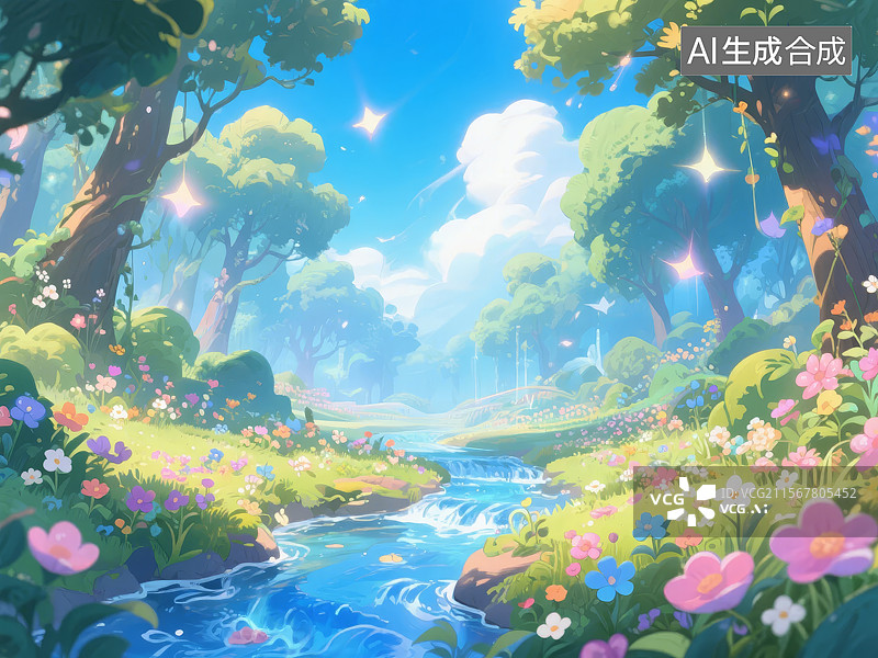 【AI数字艺术】梦幻森林中的溪流图片素材