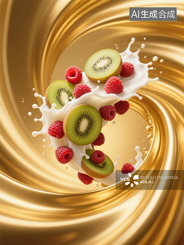 【AI数字艺术】猕猴桃和覆盆子在牛奶中飞溅图片素材
