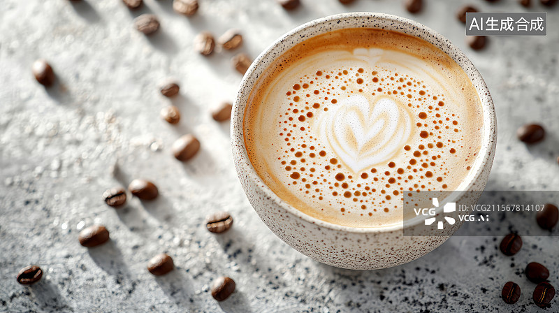 【AI数字艺术】桌面上的咖啡与咖啡豆图片素材