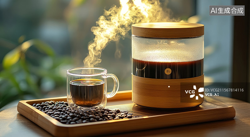 【AI数字艺术】室内咖啡冲煮器具与咖啡豆图片素材