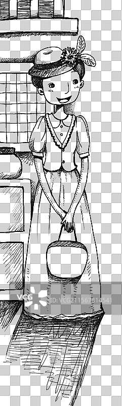 黑白插画 PNG免抠图形 提着包的贵妇图片素材