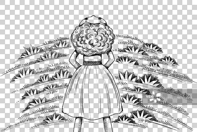黑白插画 PNG免抠图形 站在草地上抬头看天的女孩图片素材