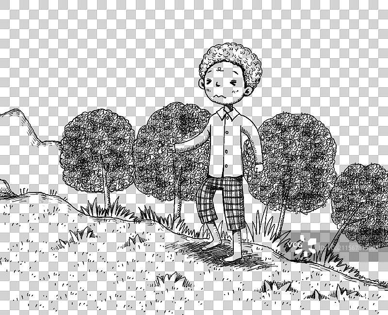 黑白插画 PNG免抠图形 光脚走在草地上的男孩图片素材