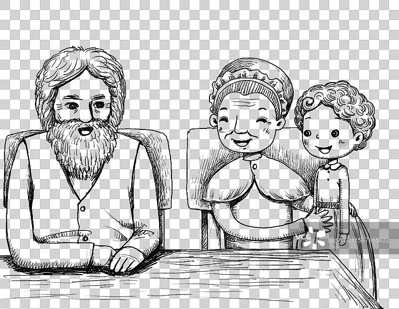 黑白插画 PNG免抠图形 祖父祖母和小女孩图片素材