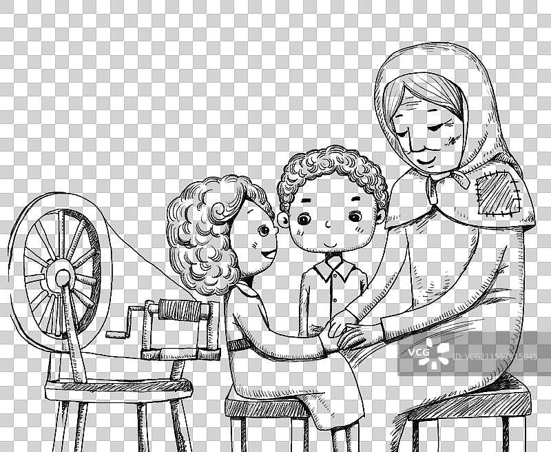 黑白插画 PNG免抠图形 祖父和孙子孙女一起聊天图片素材