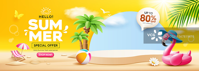 夏季促销舞台粉色火烈鸟泳池横幅图片素材