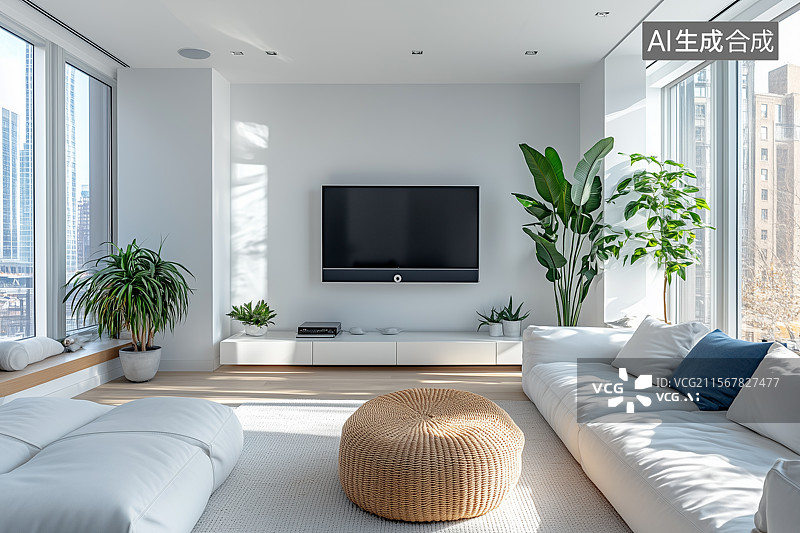 【AI数字艺术】宽广明亮的客厅墙上挂着电视图片素材