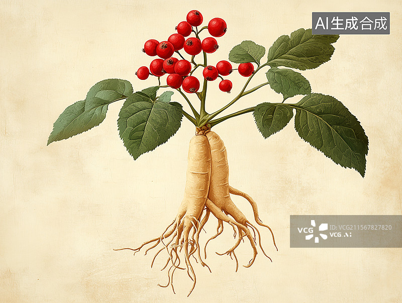 【AI数字艺术】中药材人参插画图片素材