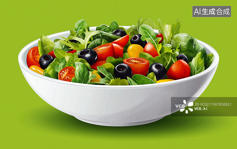 【AI数字艺术】绿色背景上一碗蔬菜沙拉图片素材