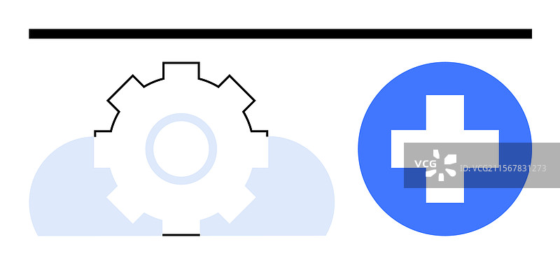齿轮和云朵与医疗十字架并列，象征着图片素材