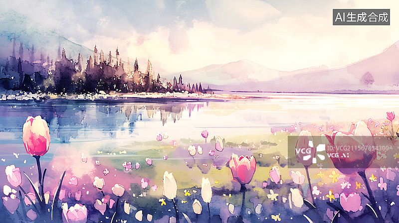 【AI数字艺术】春天夏天草坪花海和蓝天白云场景插画，节气概念插图背景图片素材