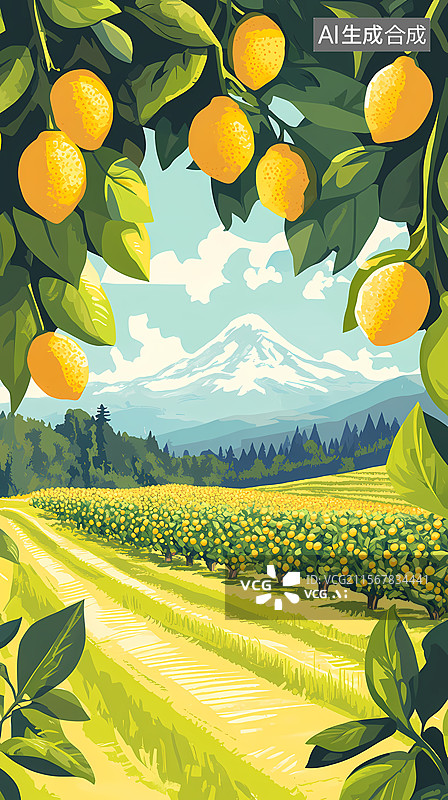 【AI数字艺术】柠檬园与山景图片素材